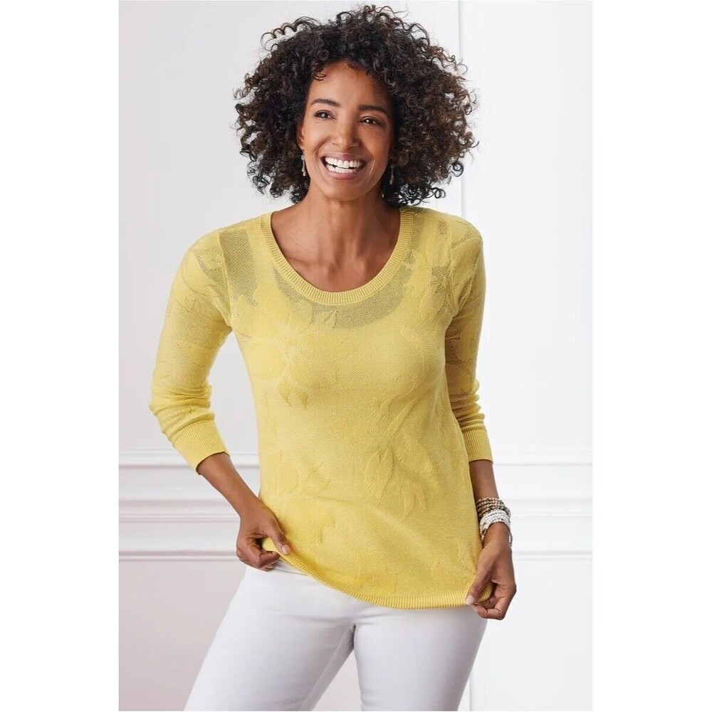 Soft Surroundings Yellow Garden Wall Pointelle Jacquard Sweater Size XS 2-4 NEW